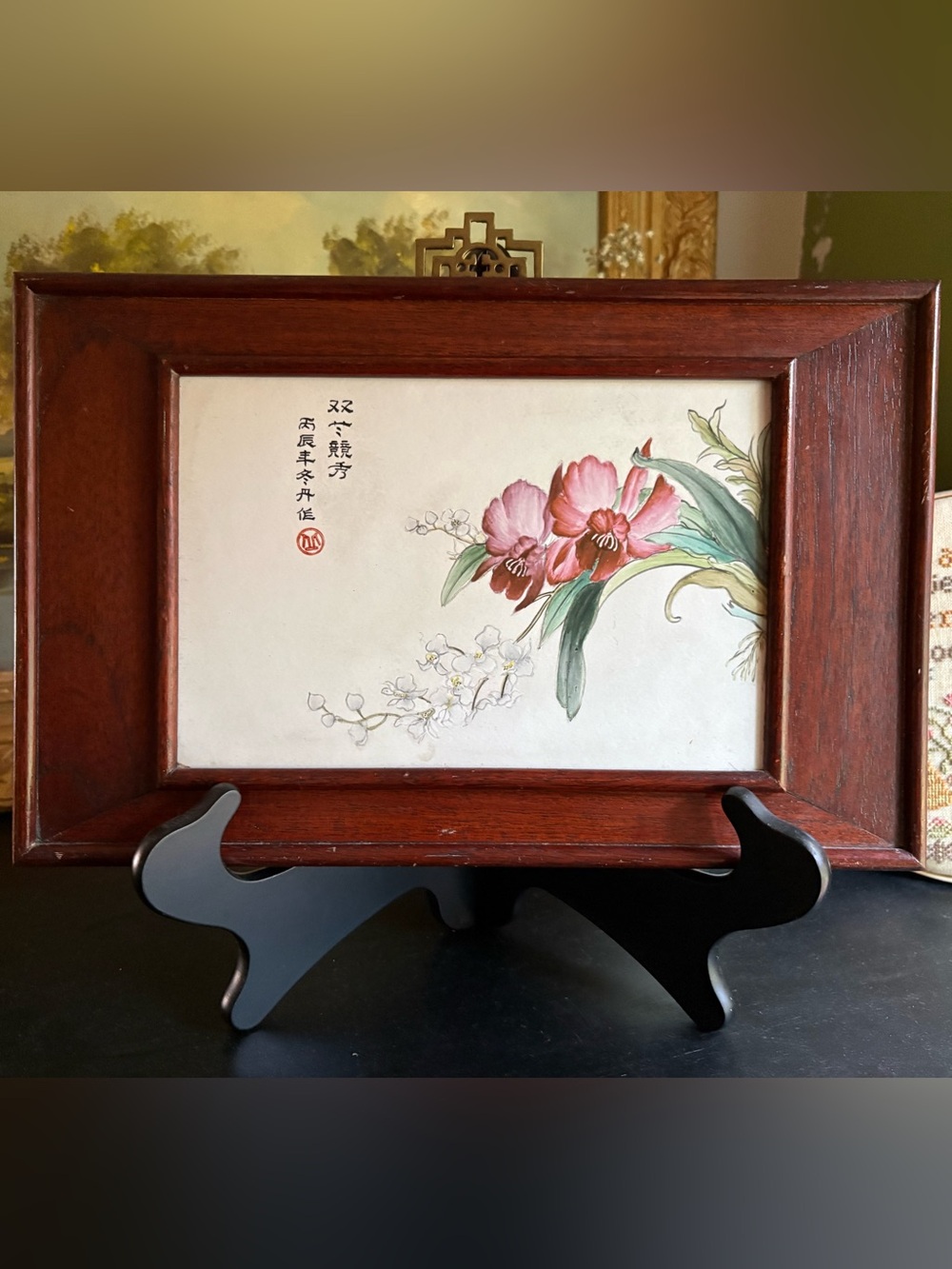 VTG 1970s Framed Chinese Hand-painted Ceramic Tile w/ Decorative Brass Hanger